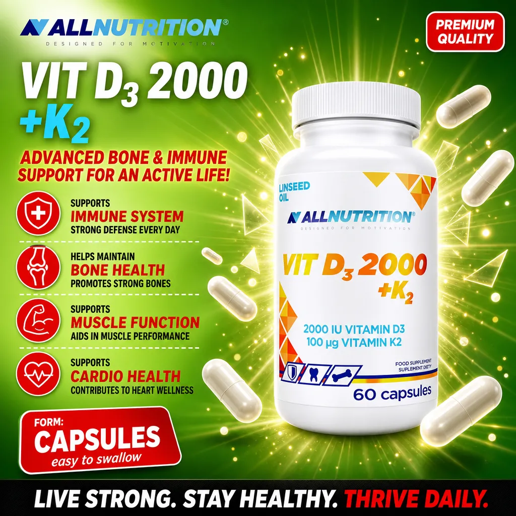 Allnutrition Vit D3 2000 + K2 Linseed Oil 60 capsules, a dietary supplement with vitamin D3 and K2 in capsule form for bone, immune, muscle, and cardio health support. Dominant green background.