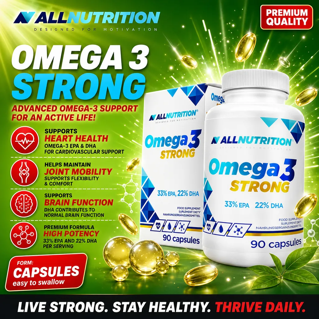 Allnutrition Omega 3 Strong 90 capsules, high potency omega-3 supplement with 33% EPA and 22% DHA, in easy-to-swallow capsule form, white and blue packaging.
