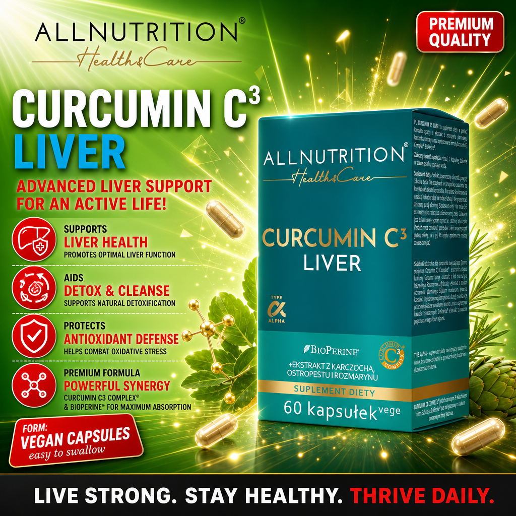 Allnutrition Curcumin C3 Liver 60 vegan capsules, a dietary supplement for advanced liver support, featuring curcumin complex and BioPerine for enhanced absorption, in a green and gold box.
