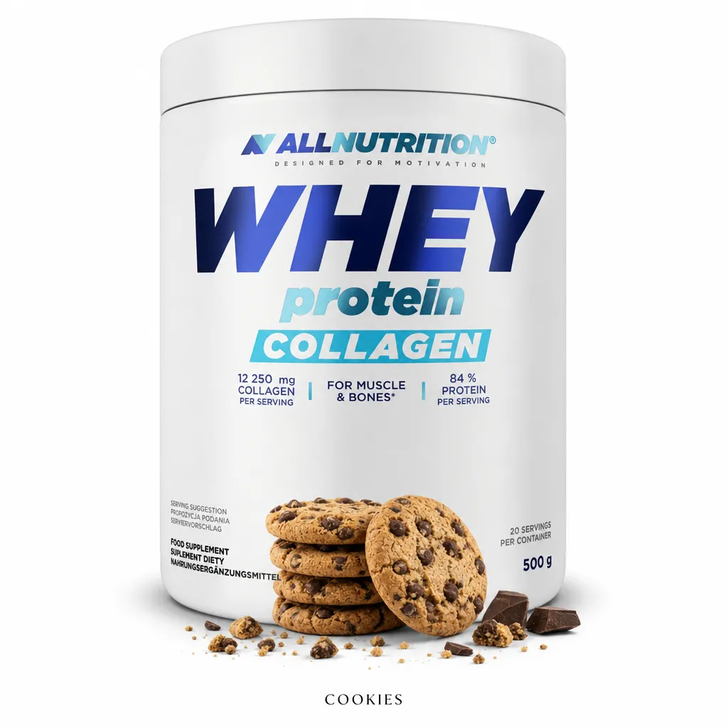 Allnutrition Whey Protein Collagen 500g cookies flavour protein powder with 84% protein and 12,250 mg collagen per serving, designed for muscle and joint support.