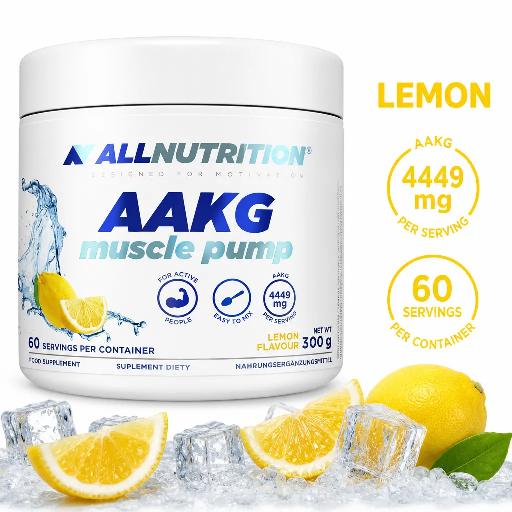 Allnutrition AAKG Muscle Pump lemon-flavour pre-workout powder, 300g tub with 60 servings and 4449mg AAKG per serving.