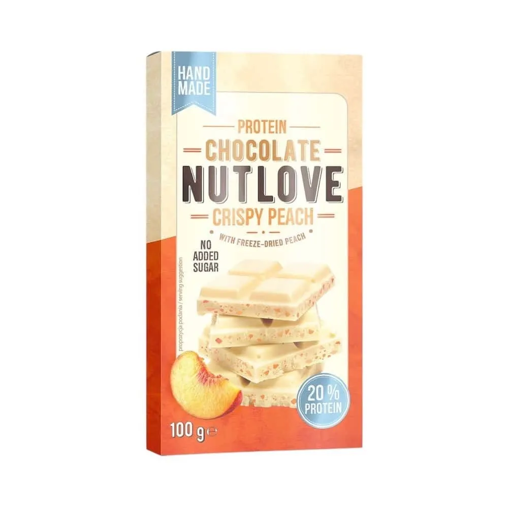 Allnutrition Handmade Protein Chocolate 100g Crispy Peach is a high-protein white chocolate bar with crispy peach pieces, no added sugar, and 20% protein content.