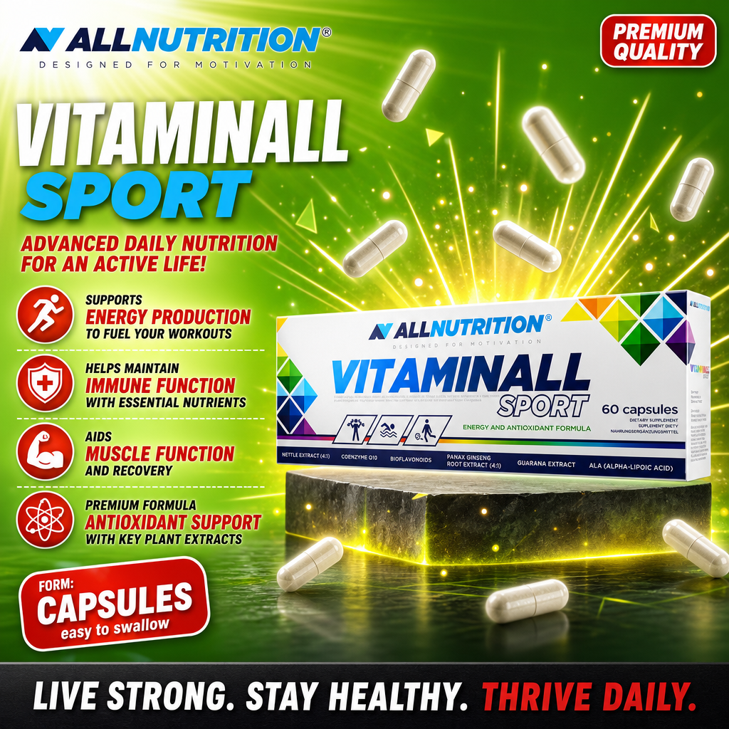 Allnutrition VitaminAll Sport 60 capsules, a daily multivitamin and antioxidant supplement for active lifestyles, shown in capsule form with a green background.