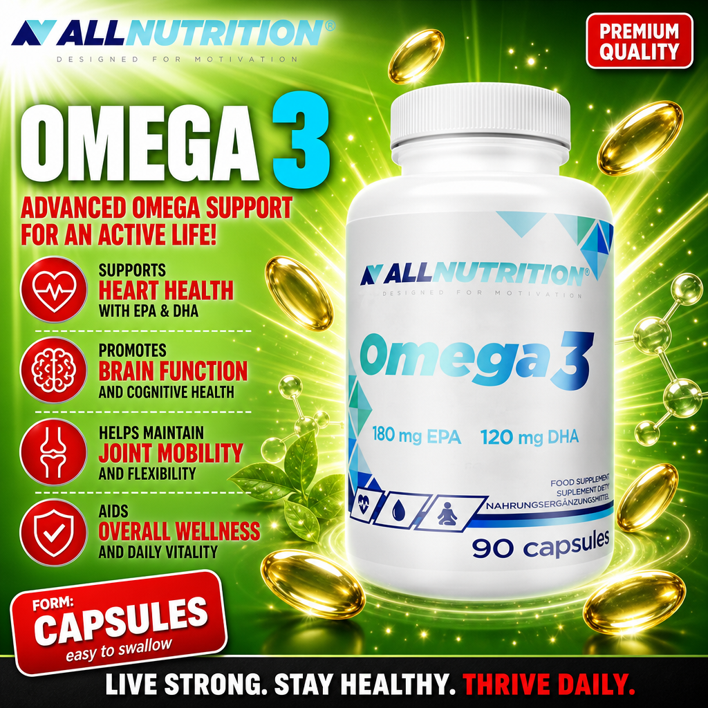 Allnutrition Omega 3 90 capsules dietary supplement with 180 mg EPA and 120 mg DHA per serving, designed to support heart health, brain function, joint mobility, and overall wellness. Capsule form, white bottle with blue accents.