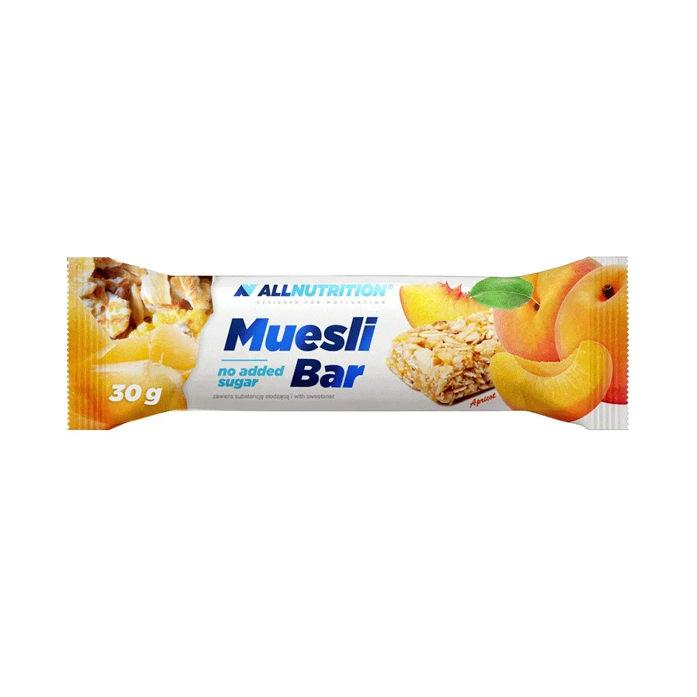 AllNutrition Muesli Bar apricot flavour, 30g, no added sugar, muesli snack bar with visible apricot pieces on the packaging.