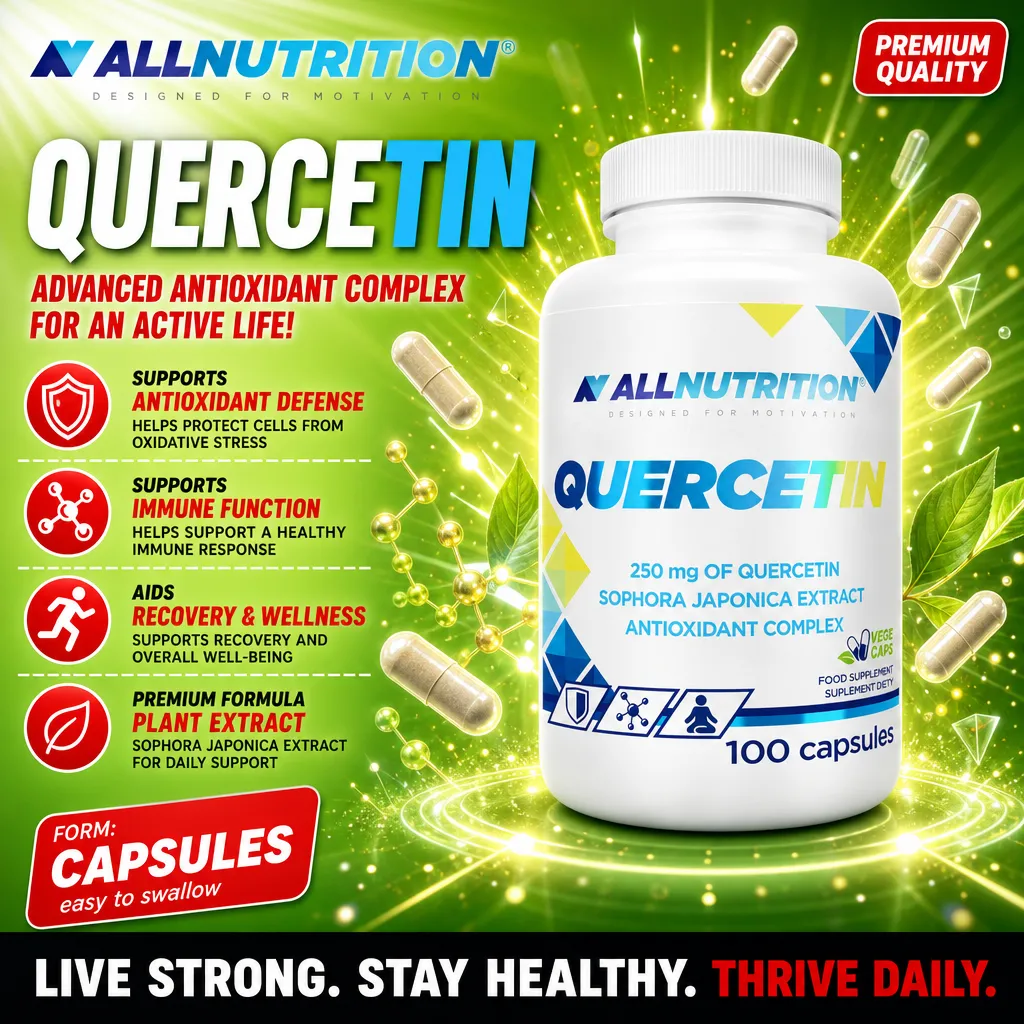 Allnutrition Quercetin 100 capsules antioxidant complex supplement with 250 mg quercetin per capsule, featuring Sophora Japonica extract, in a white bottle with green and blue accents.