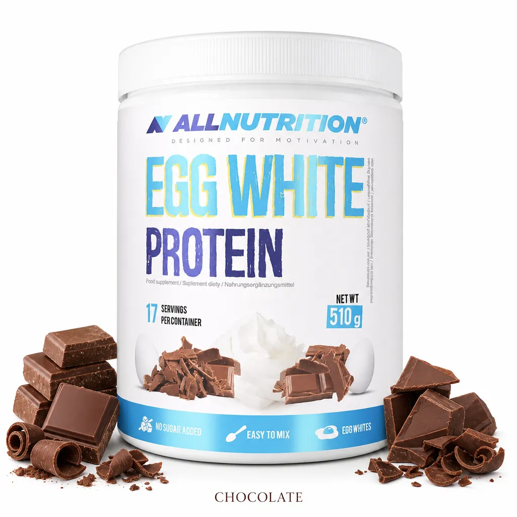 Allnutrition Egg White Protein 510g chocolate flavour protein powder, lactose-free, high in protein, with no added sugar, suitable for athletes and fitness enthusiasts.