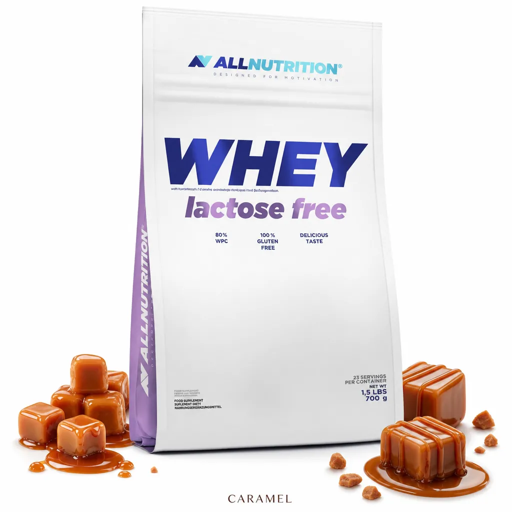 Allnutrition Whey Lactose Free Protein 700g caramel flavour, a lactose-free whey protein concentrate ideal for those with lactose intolerance, shown in a white and purple pouch with caramel pieces.