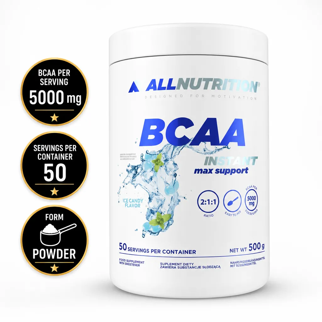 Allnutrition BCAA Max Support Instant Ice Candy flavoured BCAA powder, 500g tub with 2:1:1 ratio and 50 servings