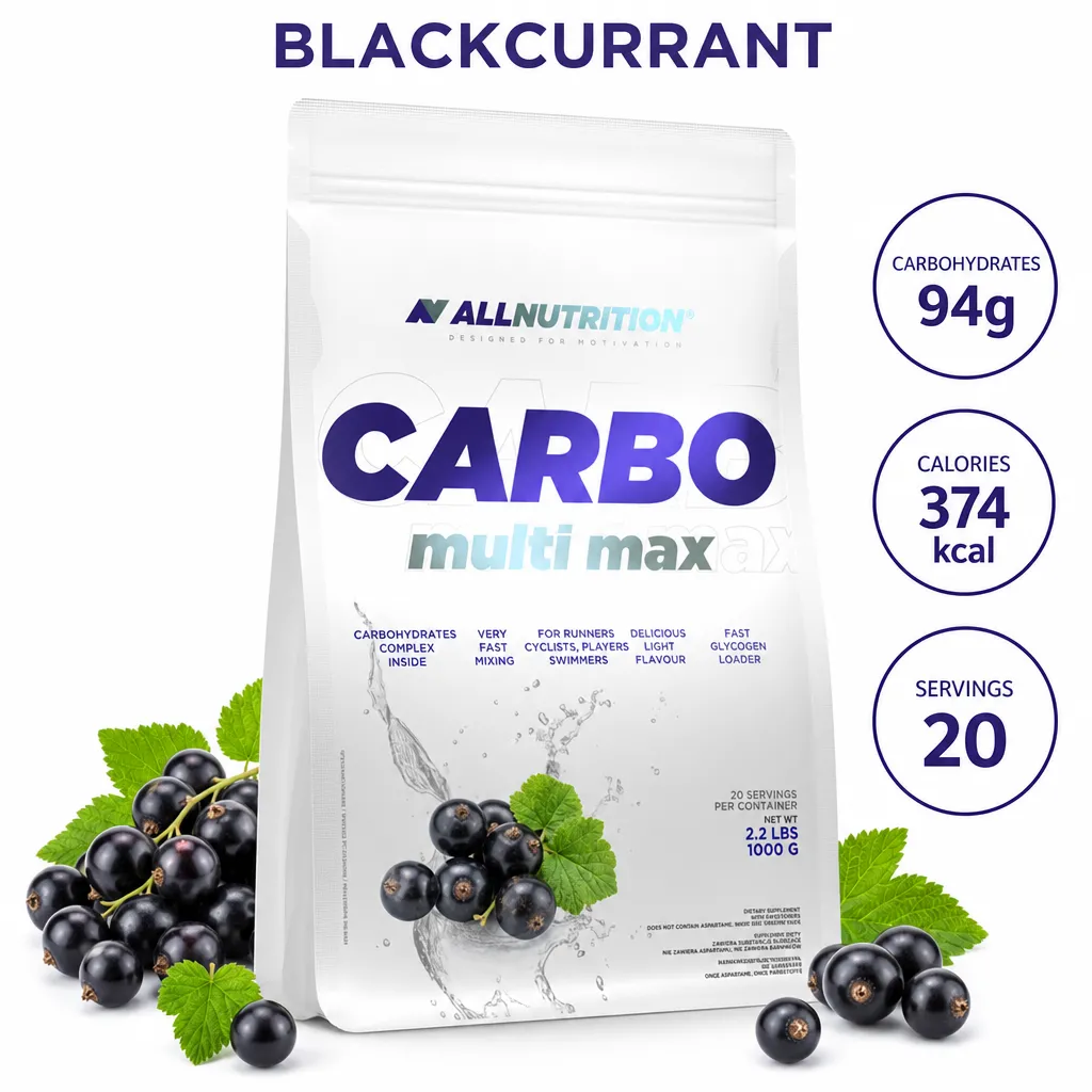 Allnutrition Carbo Multi Max 1000g blackcurrant flavour carbohydrate supplement powder, featuring a dual-source carb blend for energy and recovery, 20 servings per pack.