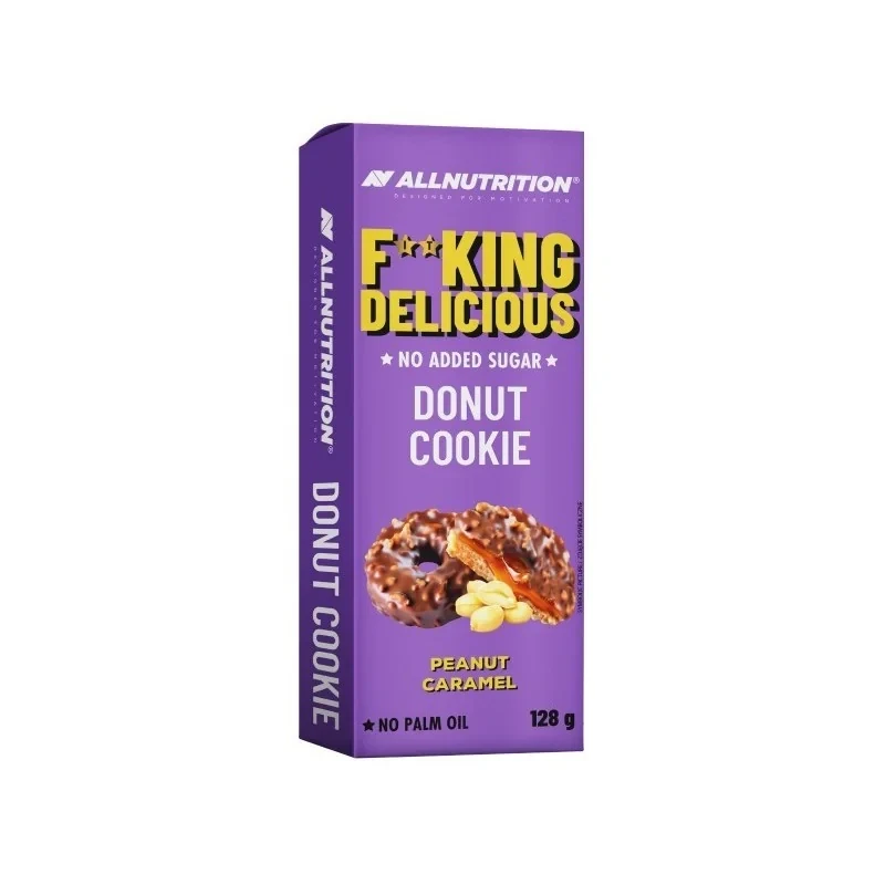 Allnutrition Fitking Delicious Cookie Peanut Caramel is a no added sugar, palm oil-free donut cookie snack in a 128g pack, featuring peanut and caramel flavor.