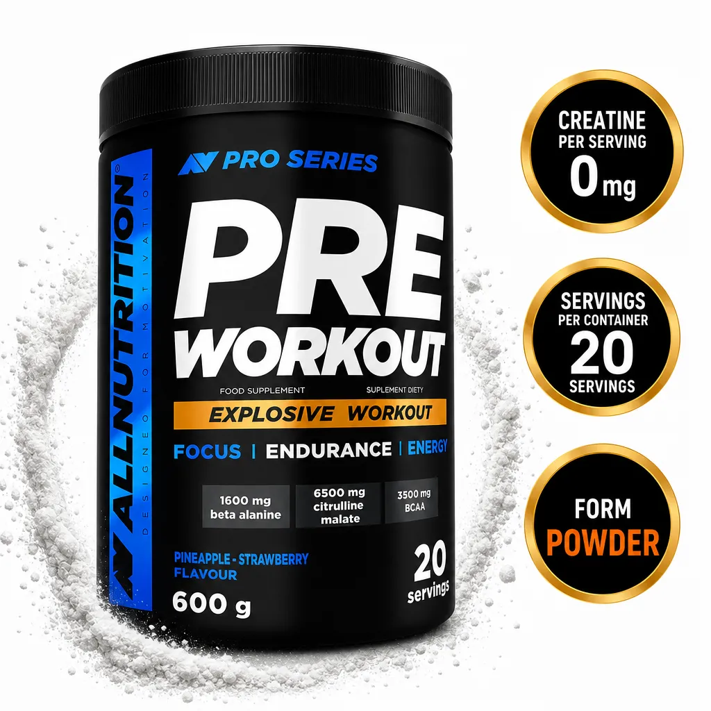 Allnutrition Pre Workout 600g powder supplement in pineapple-strawberry flavour, shown in a black 600 g tub with 20 servings