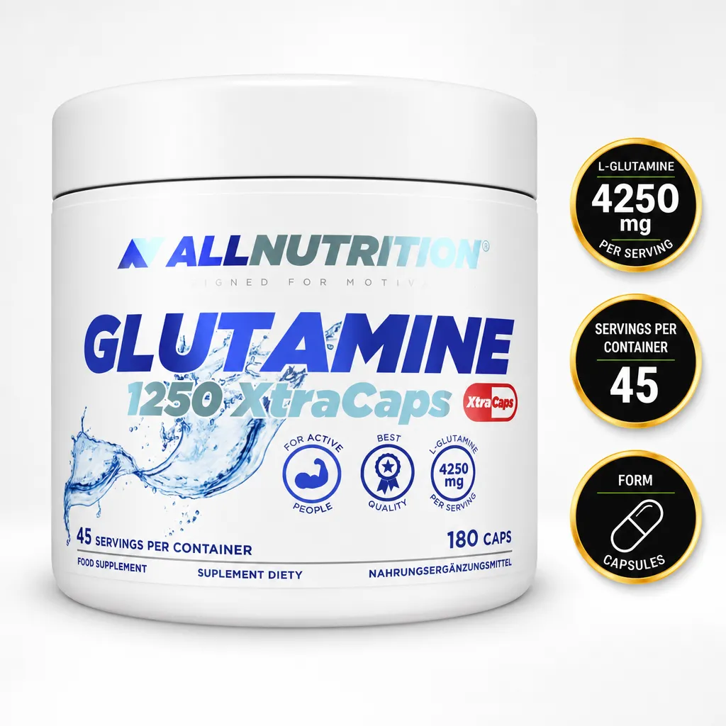 Allnutrition Glutamine 1250mg supplement in capsule form, with 180 capsules and 4,250mg L-glutamine per serving