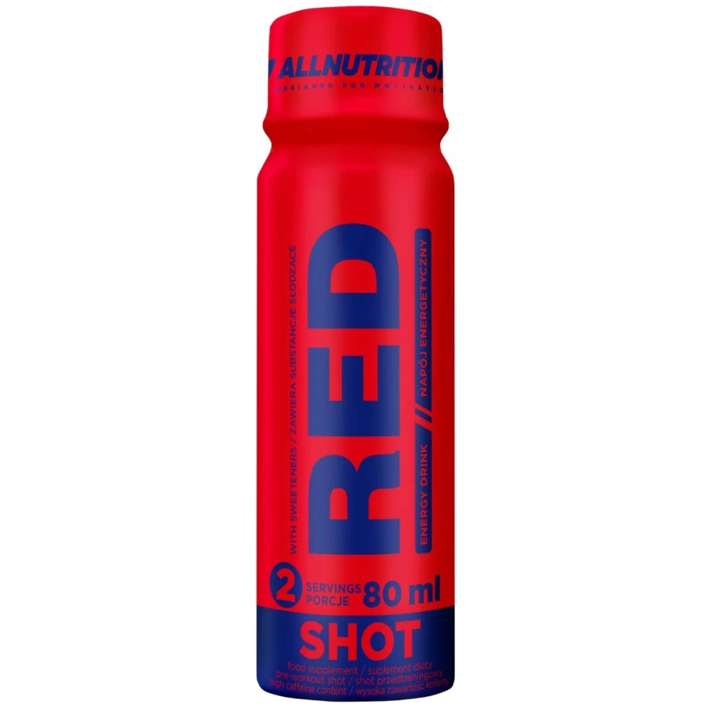 Allnutrition Red Shot 80ml x12, a set of twelve small red bottles with blue caps, arranged in retail packaging.