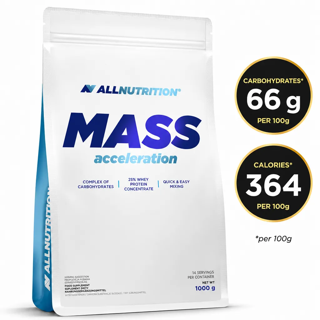 Allnutrition Mass Acceleration 1000g mass gainer powder supplement in a white and blue pouch with carbohydrate and whey protein blend