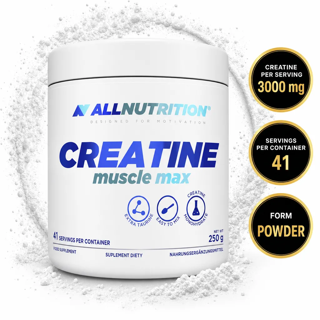 Allnutrition Creatine Muscle Max 250g creatine monohydrate powder supplement with taurine in a white tub