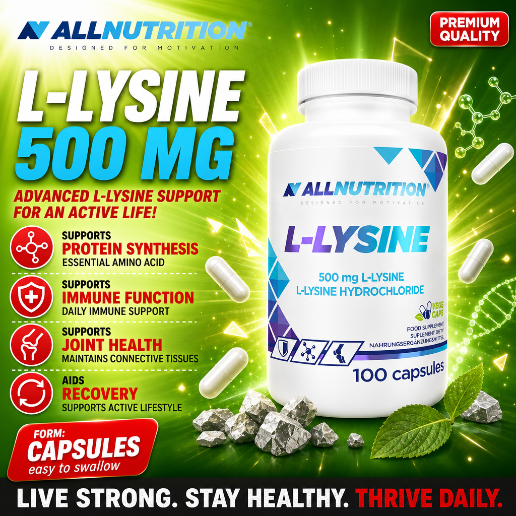 Allnutrition L-Lysine 500mg capsules, an amino acid supplement for protein synthesis, immune function, joint health, and recovery, in a white bottle with 100 capsules.