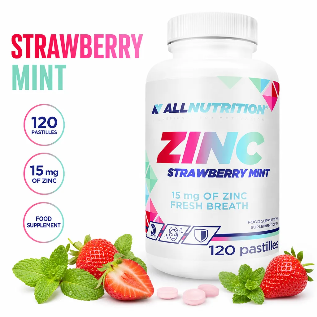 Allnutrition Zinc 120 Pastilles food supplement with strawberry mint flavour, 15 mg zinc and pink pastilles