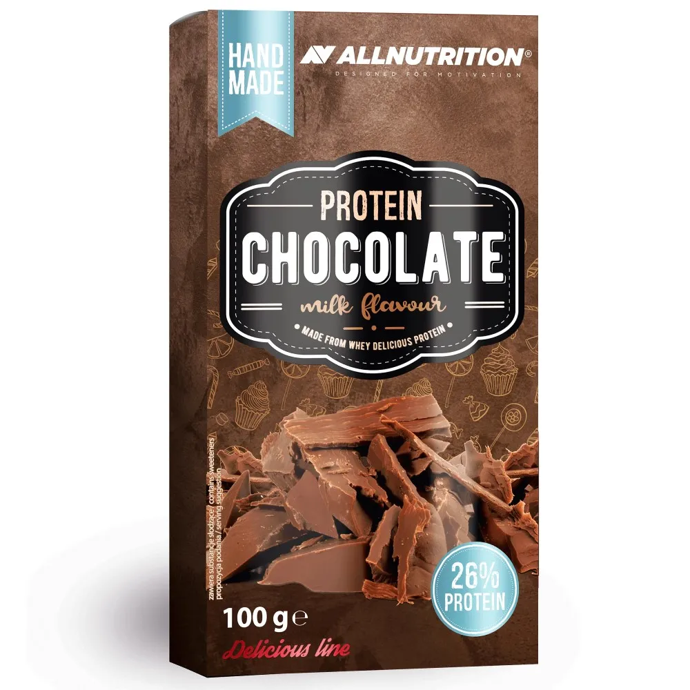 Allnutrition Protein Chocolate milk flavour 100g bar, high-protein chocolate made from whey, 26% protein, brown packaging with chocolate pieces.